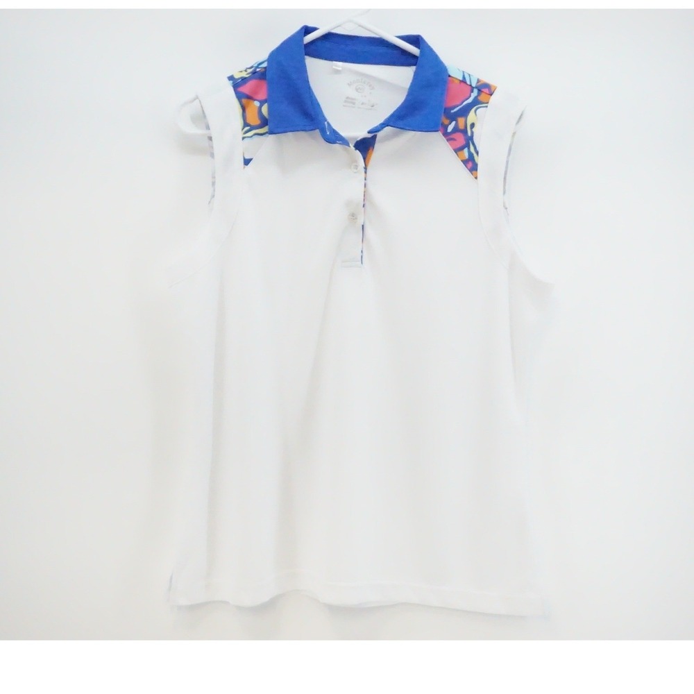 Monterey Club Womens Sleeveless Golf‎ Polo Shirt White Blue Floral Size L
